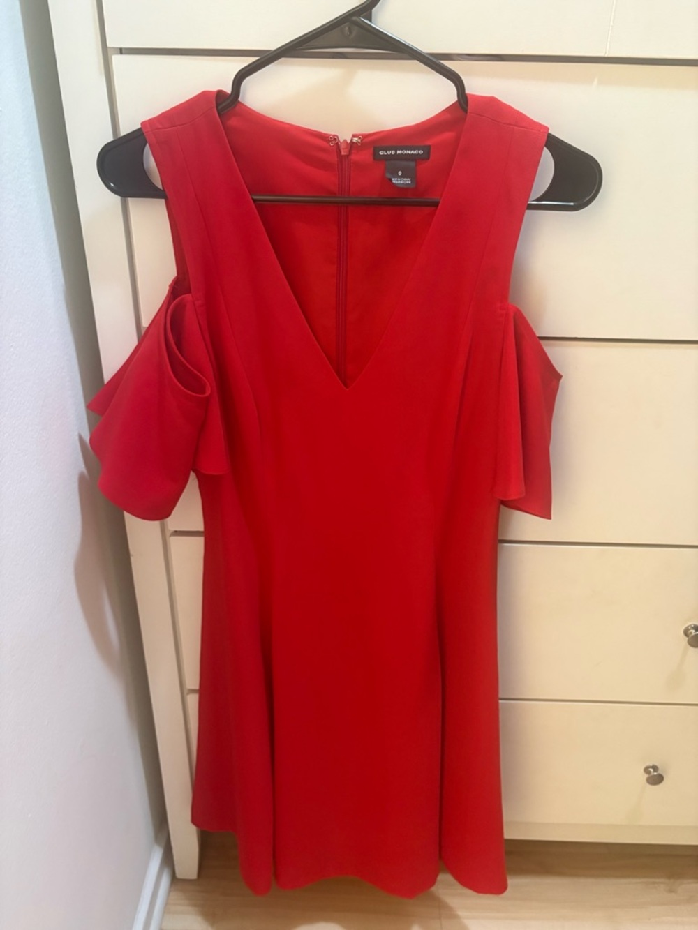 Club Monaco Red One-Shoulder V-Neck Dress with Ruffle Sleeves